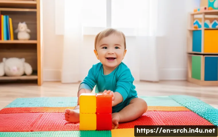 인터넷정보검색 실기 시험에서 요구되는 데이터 분류 기술 - **A toddler wearing a diaper, sitting on a colorful play mat surrounded by soft blocks. The scene is...