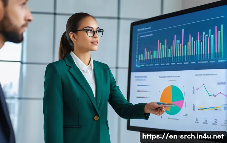 인터넷정보검색 자격증 취득 후 대기업 연봉 협상 팁 - A professional business setting showing a confident young woman presenting market research data on a...