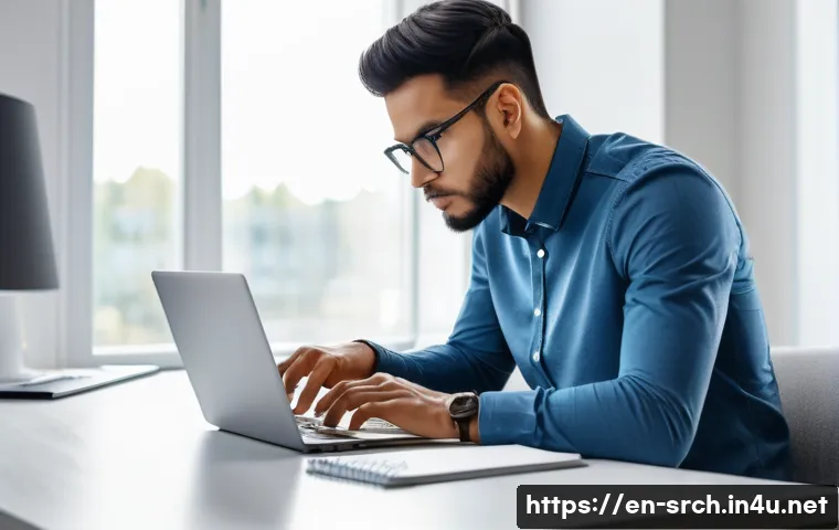 인터넷정보검색 실기 시험에서 실수를 줄이는 꿀팁 - A focused young professional sitting at a modern desk in a bright home office, intently typing conci...