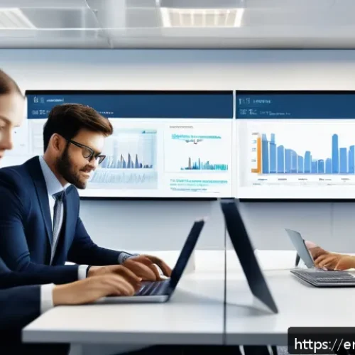 인터넷정보검색 자격증 취득 후 IT 프로젝트 참여 후기 - A modern office scene showing a diverse professional team collaboratively working around a large dig...