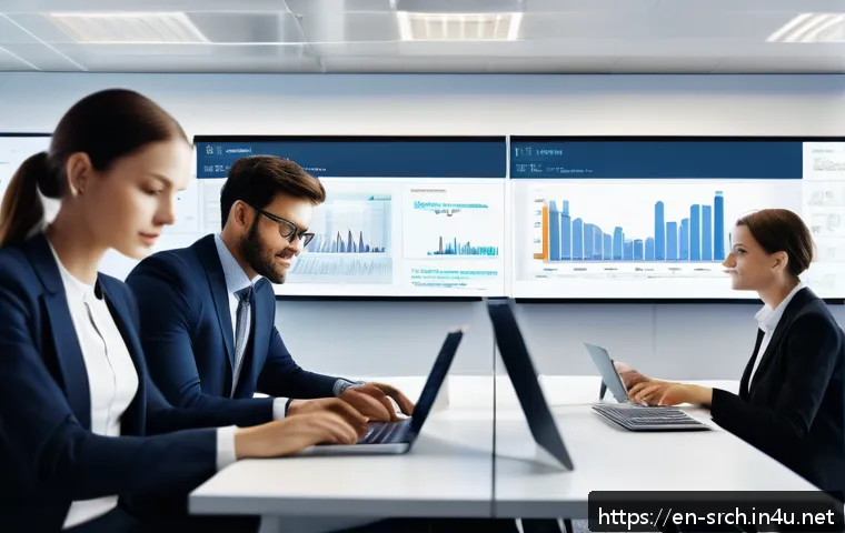 인터넷정보검색 자격증 취득 후 IT 프로젝트 참여 후기 - A modern office scene showing a diverse professional team collaboratively working around a large dig...