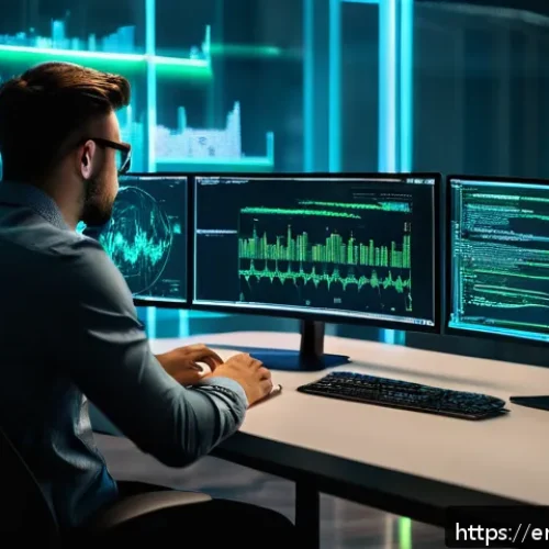 인터넷정보검색 실무에서 경험한 웹 데이터 크롤링 사례 - A modern tech workspace featuring a programmer writing Python code on multiple monitors, displaying ...