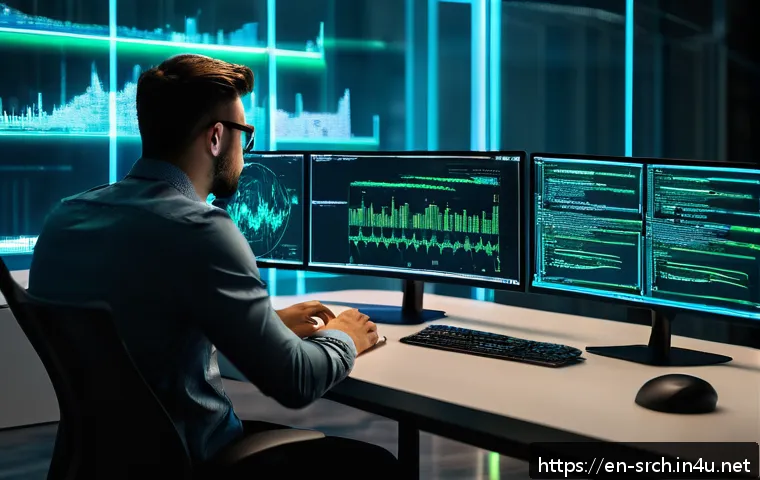 인터넷정보검색 실무에서 경험한 웹 데이터 크롤링 사례 - A modern tech workspace featuring a programmer writing Python code on multiple monitors, displaying ...