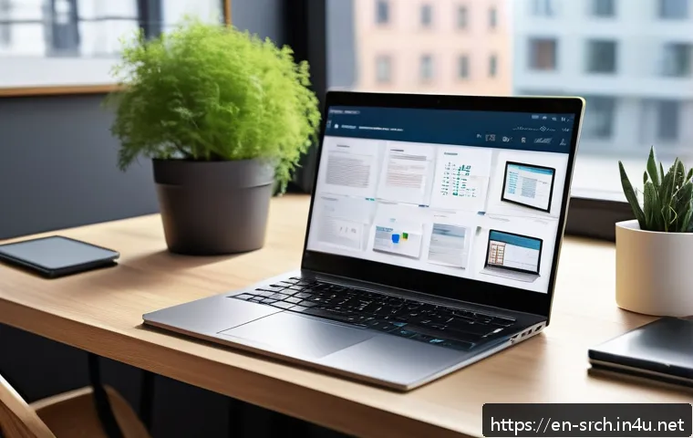 인터넷정보검색 실무와 관련된 자동화 검색 도구 사례 - A modern, cozy home office setup featuring a sleek laptop displaying advanced search engine results ...