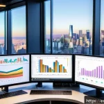 인터넷정보검색 실무에서 경험한 데이터 수집 및 분석 사례 - A modern data analyst&rsquo;s workspace featuring multiple high-resolution monitors displaying colorful in...