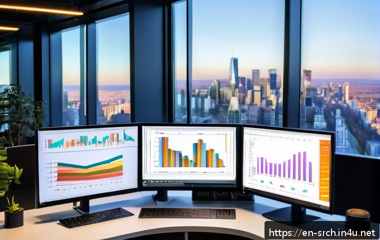 인터넷정보검색 실무에서 경험한 데이터 수집 및 분석 사례 - A modern data analyst&rsquo;s workspace featuring multiple high-resolution monitors displaying colorful in...
