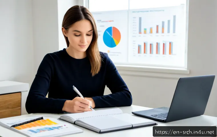 Home 17 인터넷정보검색 실무와 연계된 시장 조사 기술 - Photorealistic market research analyst in a bright modern home office, thoughtfully comparing produc...